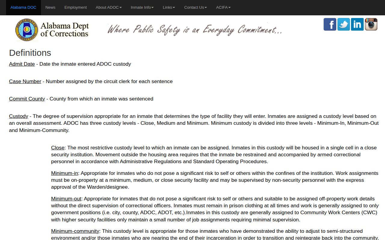 St. Clair County projected release date ADOC definitions page
